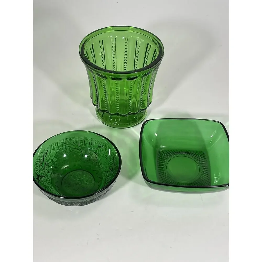 Lot Of 3 - Vintage Anchor‎ Hocking Forest Green Sauce Bowl + Dessert Bowl + Vase